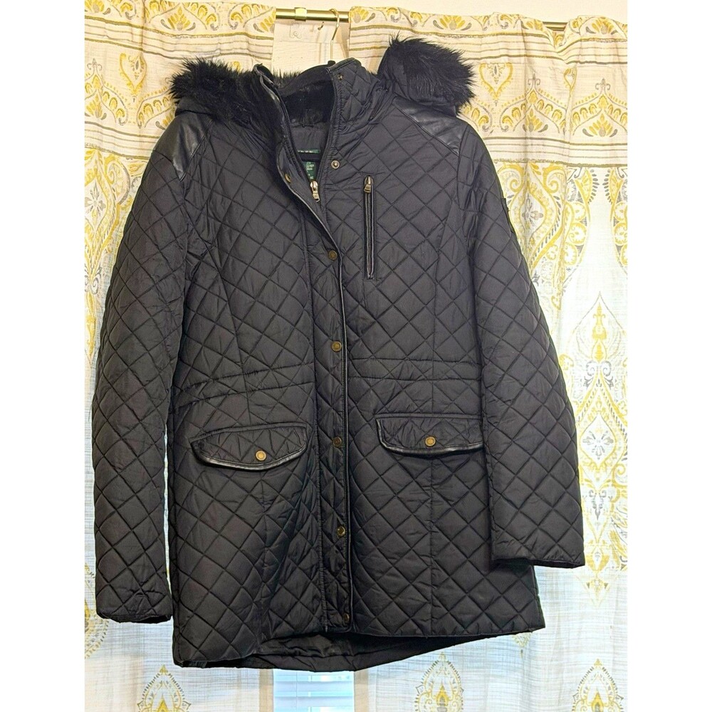 Lauren Ralph Lauren Women's Black Quilted Hooded Jacket Faux Fur Trim Snap L